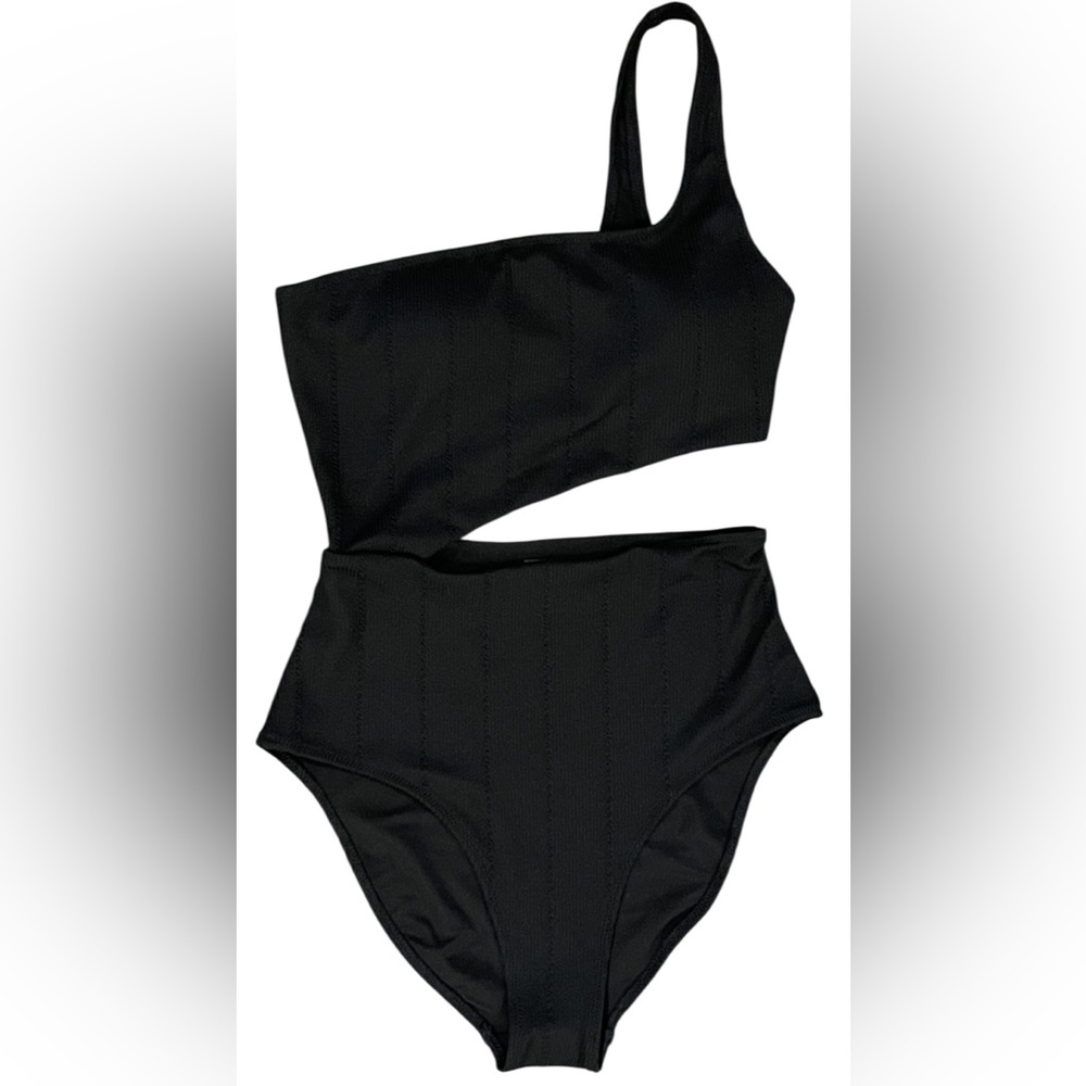 AERIE Asymmetrical Crinkle One Piece Cut Out Monokini Swimsuit Black Small NWT